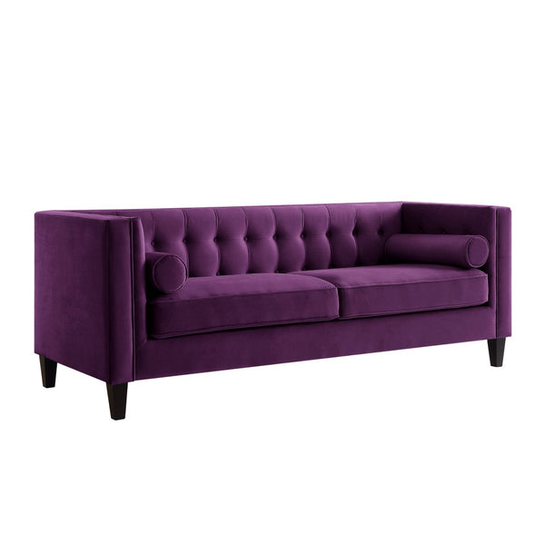 HomeRoots 83" Purple Velvet Sofa with Tufted Design, Toss Pillows, and Durable Espresso Wood Legs for Comfort 543954