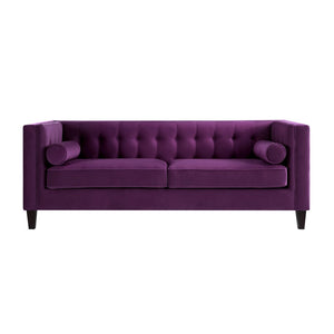 HomeRoots 83" Purple Velvet Sofa with Tufted Design, Toss Pillows, and Durable Espresso Wood Legs for Comfort 543954