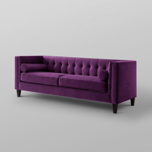 HomeRoots 83" Purple Velvet Sofa with Tufted Design, Toss Pillows, and Durable Espresso Wood Legs for Comfort 543954