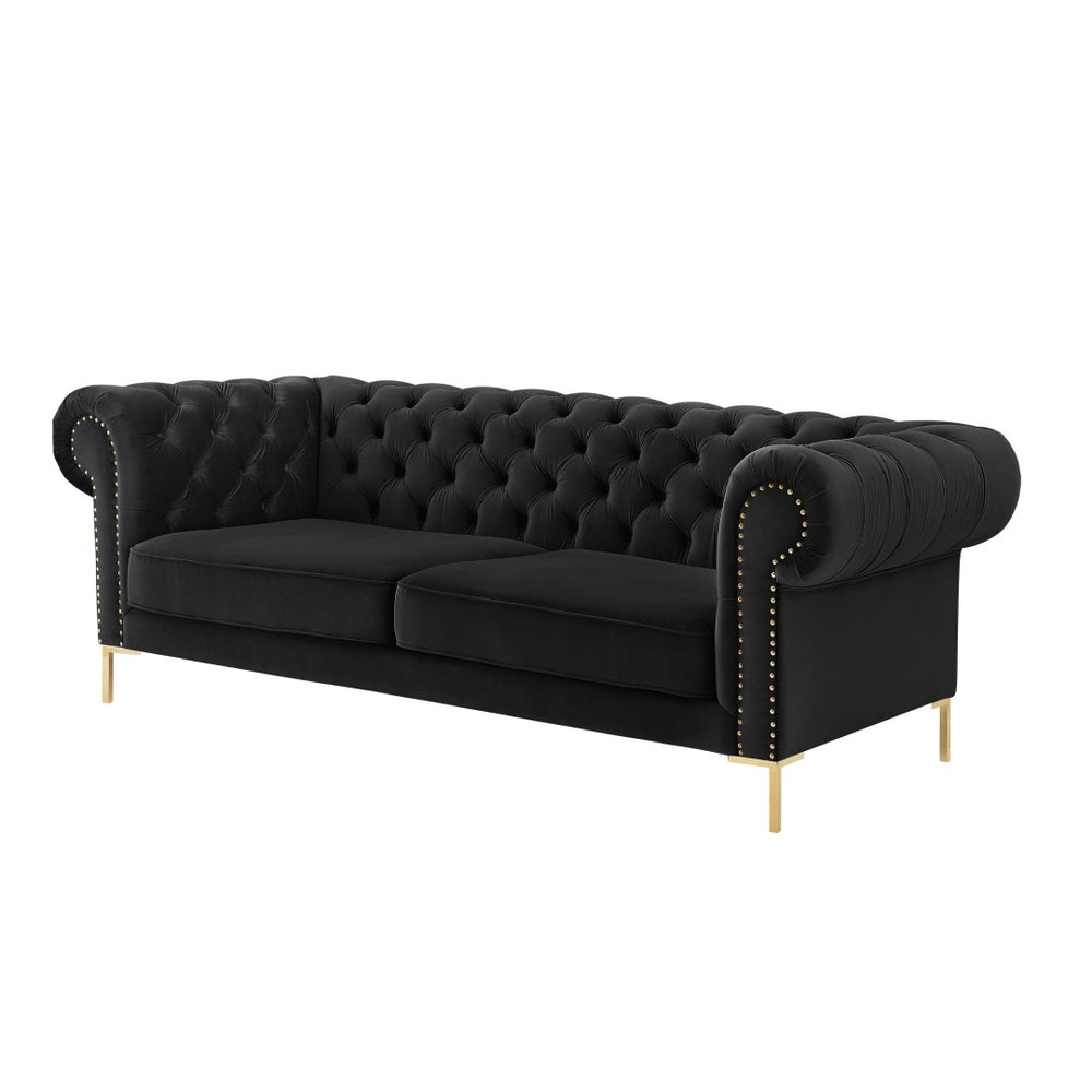HomeRoots 91" Black Velvet Chesterfield Sofa - Luxurious Solid Wood Frame with Gold Legs, Timeless Elegance 543955