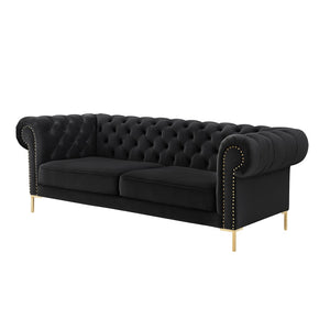 HomeRoots 91" Black Velvet Chesterfield Sofa - Luxurious Solid Wood Frame with Gold Legs, Timeless Elegance 543955