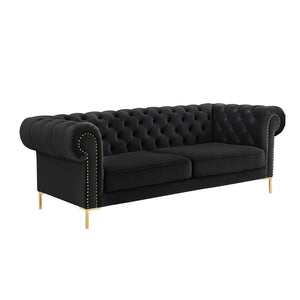 HomeRoots 91" Black Velvet Chesterfield Sofa - Luxurious Solid Wood Frame with Gold Legs, Timeless Elegance 543955