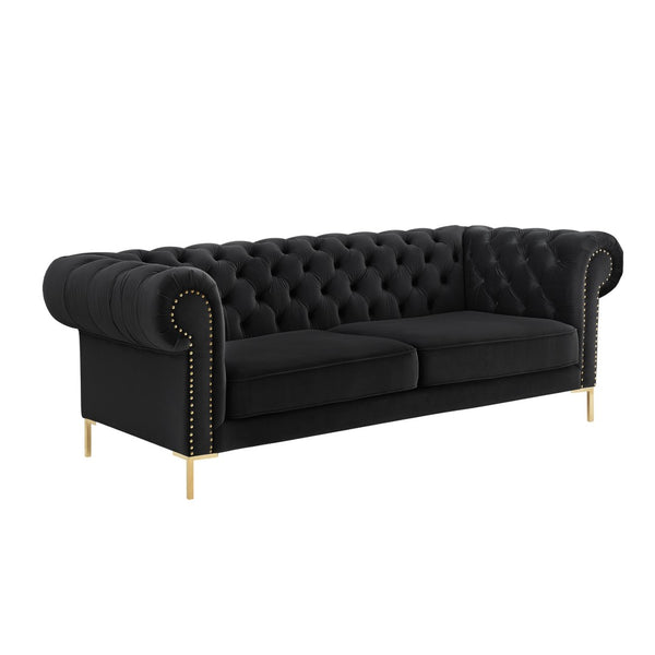 HomeRoots 91" Black Velvet Chesterfield Sofa - Luxurious Solid Wood Frame with Gold Legs, Timeless Elegance 543955