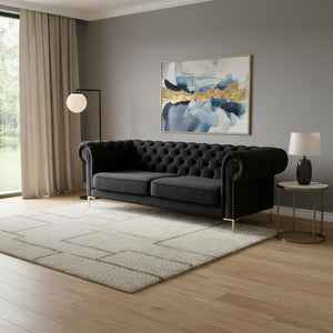 HomeRoots 91" Black Velvet Chesterfield Sofa - Luxurious Solid Wood Frame with Gold Legs, Timeless Elegance 543955