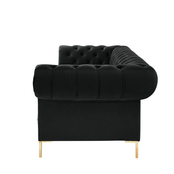 HomeRoots 91" Black Velvet Chesterfield Sofa - Luxurious Solid Wood Frame with Gold Legs, Timeless Elegance 543955