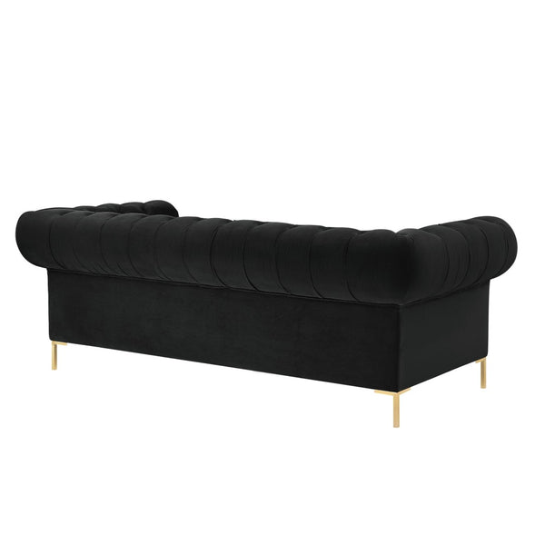 HomeRoots 91" Black Velvet Chesterfield Sofa - Luxurious Solid Wood Frame with Gold Legs, Timeless Elegance 543955