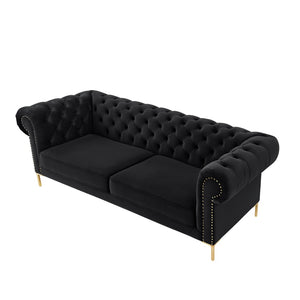 HomeRoots 91" Black Velvet Chesterfield Sofa - Luxurious Solid Wood Frame with Gold Legs, Timeless Elegance 543955