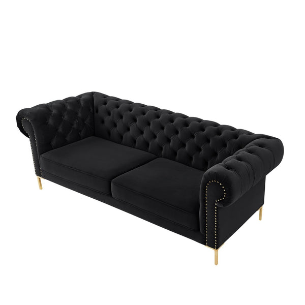 HomeRoots 91" Black Velvet Chesterfield Sofa - Luxurious Solid Wood Frame with Gold Legs, Timeless Elegance 543955
