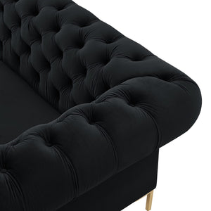 HomeRoots 91" Black Velvet Chesterfield Sofa - Luxurious Solid Wood Frame with Gold Legs, Timeless Elegance 543955