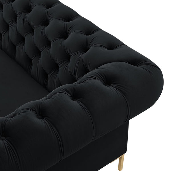 HomeRoots 91" Black Velvet Chesterfield Sofa - Luxurious Solid Wood Frame with Gold Legs, Timeless Elegance 543955