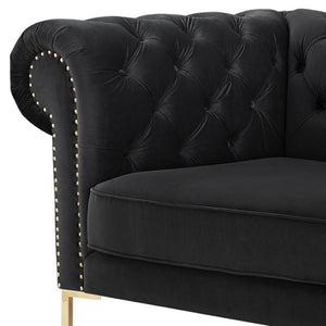 HomeRoots 91" Black Velvet Chesterfield Sofa - Luxurious Solid Wood Frame with Gold Legs, Timeless Elegance 543955