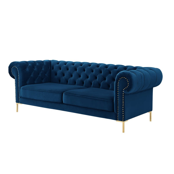 HomeRoots 91" Navy Blue Velvet Chesterfield Sofa with Solid Wood Frame & Gold Legs – Elegant Luxury Seating! 543957