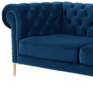 HomeRoots 91" Navy Blue Velvet Chesterfield Sofa with Solid Wood Frame & Gold Legs – Elegant Luxury Seating! 543957