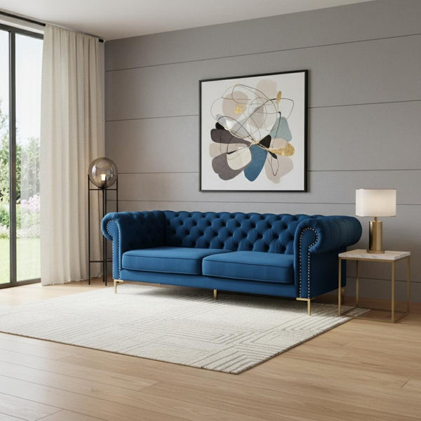 HomeRoots 91" Navy Blue Velvet Chesterfield Sofa with Solid Wood Frame & Gold Legs – Elegant Luxury Seating! 543957