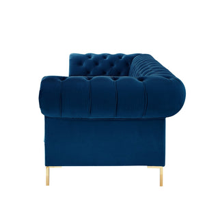 HomeRoots 91" Navy Blue Velvet Chesterfield Sofa with Solid Wood Frame & Gold Legs – Elegant Luxury Seating! 543957