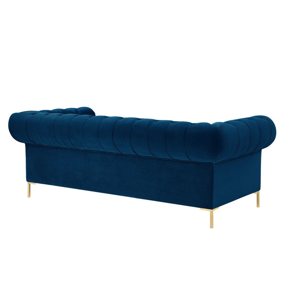 HomeRoots 91" Navy Blue Velvet Chesterfield Sofa with Solid Wood Frame & Gold Legs – Elegant Luxury Seating! 543957