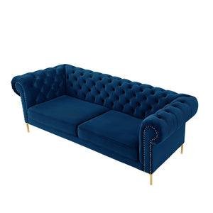 HomeRoots 91" Navy Blue Velvet Chesterfield Sofa with Solid Wood Frame & Gold Legs – Elegant Luxury Seating! 543957