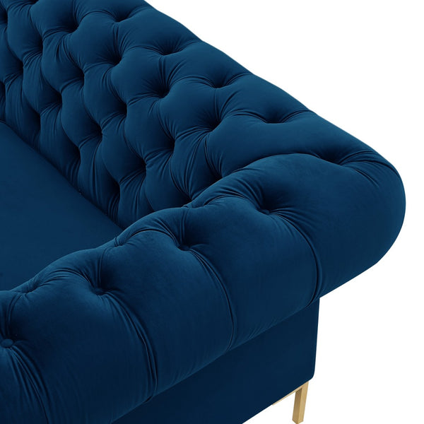HomeRoots 91" Navy Blue Velvet Chesterfield Sofa with Solid Wood Frame & Gold Legs – Elegant Luxury Seating! 543957