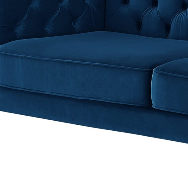 HomeRoots 91" Navy Blue Velvet Chesterfield Sofa with Solid Wood Frame & Gold Legs – Elegant Luxury Seating! 543957