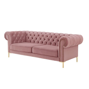 HomeRoots 91" Rust Velvet Chesterfield Sofa - Luxurious Tufted Design with Gold Legs for Elegant Living Spaces 543958