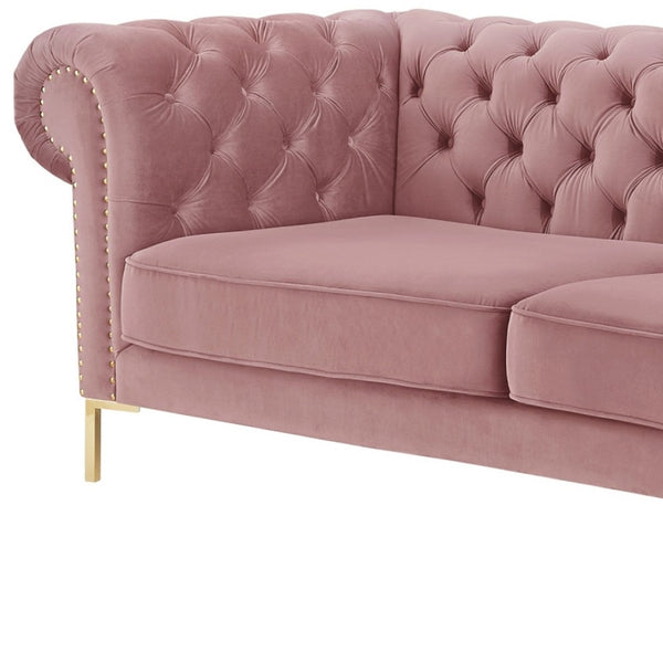 HomeRoots 91" Rust Velvet Chesterfield Sofa - Luxurious Tufted Design with Gold Legs for Elegant Living Spaces 543958