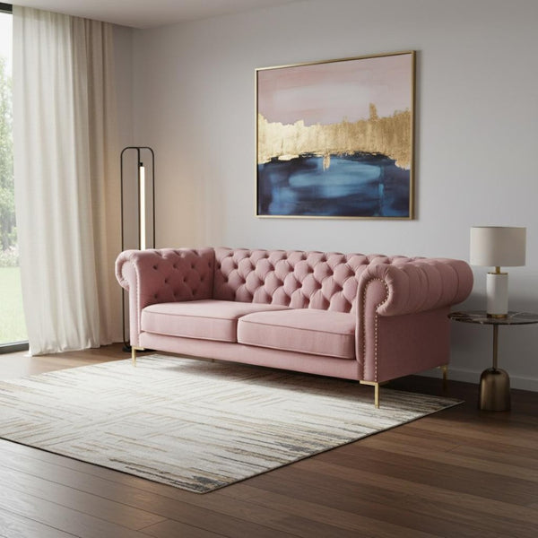 HomeRoots 91" Rust Velvet Chesterfield Sofa - Luxurious Tufted Design with Gold Legs for Elegant Living Spaces 543958