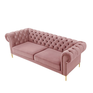 HomeRoots 91" Rust Velvet Chesterfield Sofa - Luxurious Tufted Design with Gold Legs for Elegant Living Spaces 543958