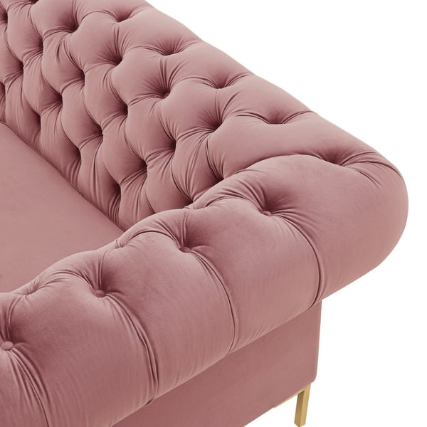 HomeRoots 91" Rust Velvet Chesterfield Sofa - Luxurious Tufted Design with Gold Legs for Elegant Living Spaces 543958