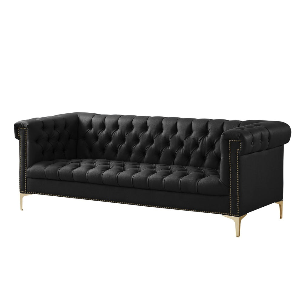 HomeRoots 84" Black Faux Leather Sofa - Contemporary Design with Tufted Details, Gold Legs & Durable Comfort 543959