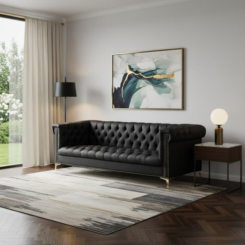HomeRoots 84" Black Faux Leather Sofa - Contemporary Design with Tufted Details, Gold Legs & Durable Comfort 543959