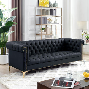 HomeRoots 84" Black Faux Leather Sofa - Contemporary Design with Tufted Details, Gold Legs & Durable Comfort 543959