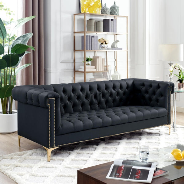 HomeRoots 84" Black Faux Leather Sofa - Contemporary Design with Tufted Details, Gold Legs & Durable Comfort 543959