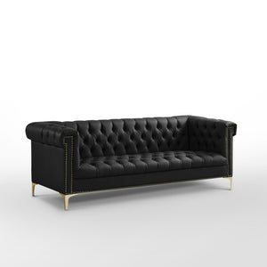 HomeRoots 84" Black Faux Leather Sofa - Contemporary Design with Tufted Details, Gold Legs & Durable Comfort 543959