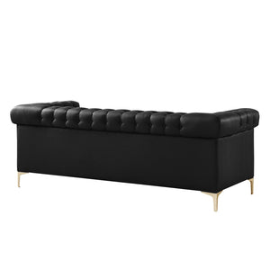 HomeRoots 84" Black Faux Leather Sofa - Contemporary Design with Tufted Details, Gold Legs & Durable Comfort 543959