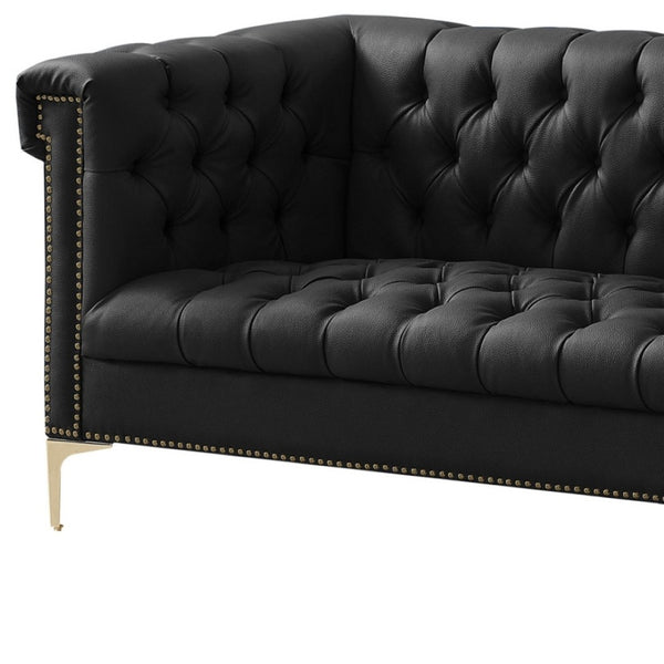 HomeRoots 84" Black Faux Leather Sofa - Contemporary Design with Tufted Details, Gold Legs & Durable Comfort 543959