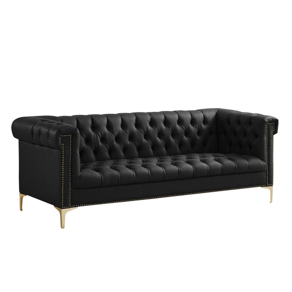 HomeRoots 84" Black Faux Leather Sofa - Contemporary Design with Tufted Details, Gold Legs & Durable Comfort 543959