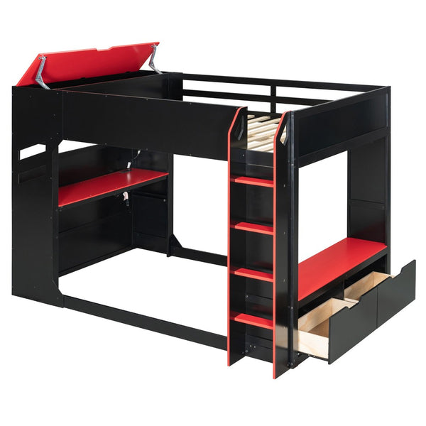 English Elm Full Size Loft Bed with Rgb Lighting Desk Drawers Hanging Rod Teen Bedroom Red LT000288AAJ-1