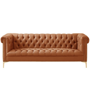 HomeRoots 85" Camel Faux Leather Sofa - Contemporary Tufted Design with Nailhead Trim & Durable Construction 543961