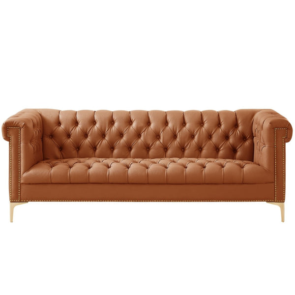 HomeRoots 85" Camel Faux Leather Sofa - Contemporary Tufted Design with Nailhead Trim & Durable Construction 543961