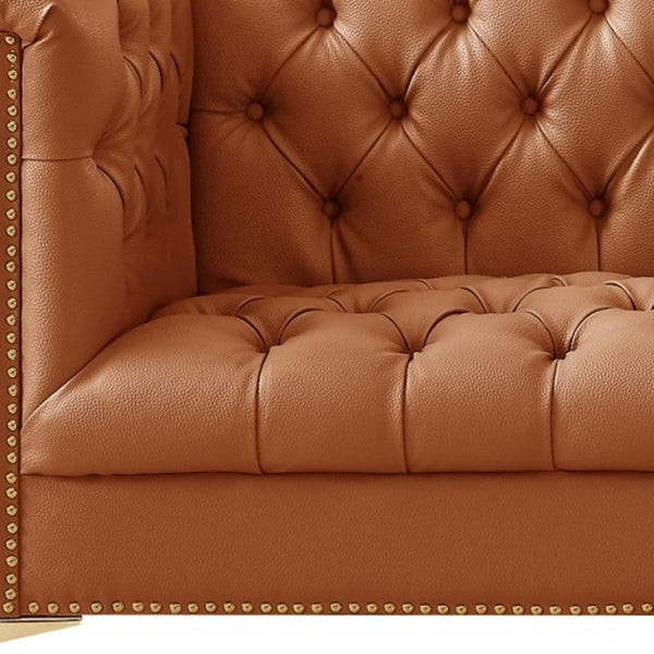 HomeRoots 85" Camel Faux Leather Sofa - Contemporary Tufted Design with Nailhead Trim & Durable Construction 543961