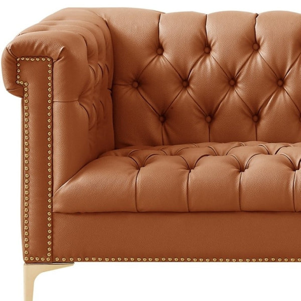 HomeRoots 85" Camel Faux Leather Sofa - Contemporary Tufted Design with Nailhead Trim & Durable Construction 543961