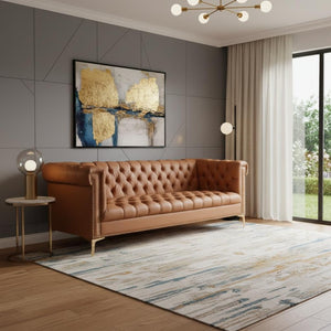 HomeRoots 85" Camel Faux Leather Sofa - Contemporary Tufted Design with Nailhead Trim & Durable Construction 543961