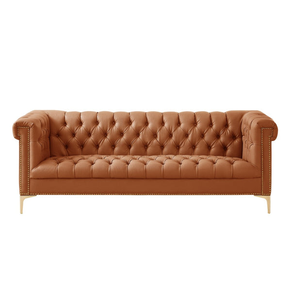 HomeRoots 85" Camel Faux Leather Sofa - Contemporary Tufted Design with Nailhead Trim & Durable Construction 543961