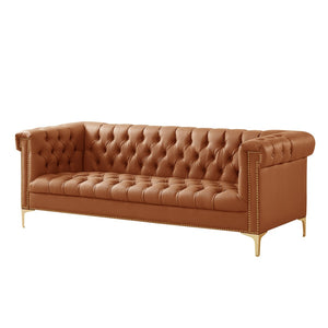 HomeRoots 85" Camel Faux Leather Sofa - Contemporary Tufted Design with Nailhead Trim & Durable Construction 543961