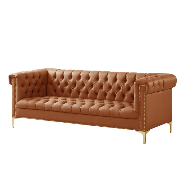 HomeRoots 85" Camel Faux Leather Sofa - Contemporary Tufted Design with Nailhead Trim & Durable Construction 543961