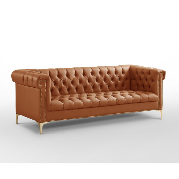 HomeRoots 85" Camel Faux Leather Sofa - Contemporary Tufted Design with Nailhead Trim & Durable Construction 543961