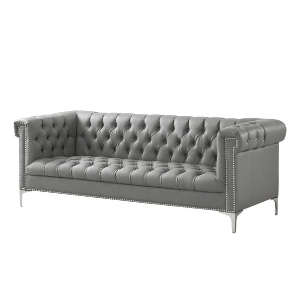 HomeRoots 85" Gray Faux Leather Sofa with Durable Frame, Tufted Design, and Stylish Nailhead Trim for Comfort 543962