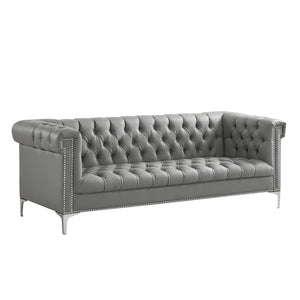 HomeRoots 85" Gray Faux Leather Sofa with Durable Frame, Tufted Design, and Stylish Nailhead Trim for Comfort 543962