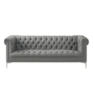 HomeRoots 85" Gray Faux Leather Sofa with Durable Frame, Tufted Design, and Stylish Nailhead Trim for Comfort 543962
