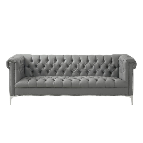 HomeRoots 85" Gray Faux Leather Sofa with Durable Frame, Tufted Design, and Stylish Nailhead Trim for Comfort 543962
